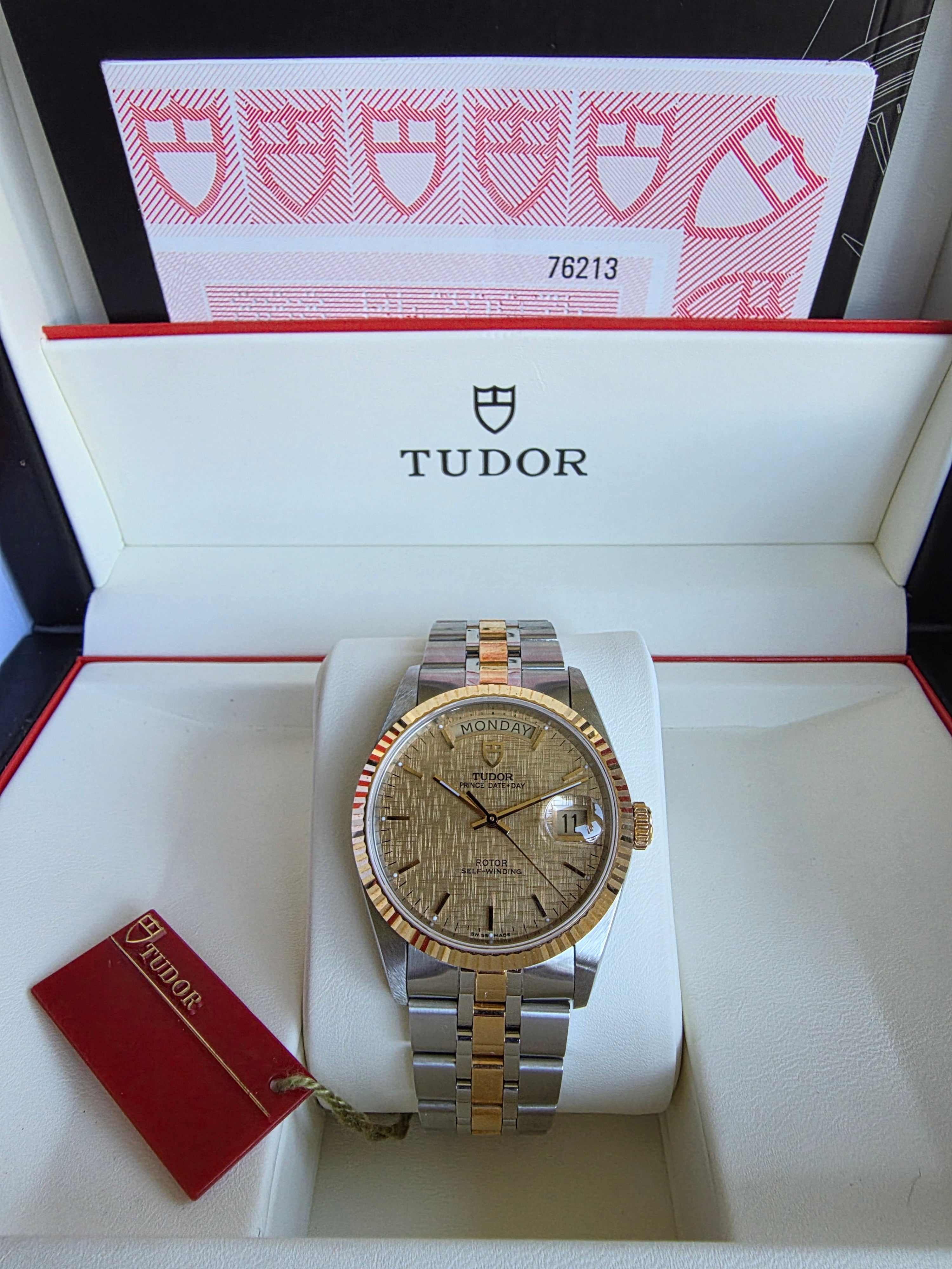 NOS Tudor Prince Date Day Linen Dial 76213 w/ Box & Papers